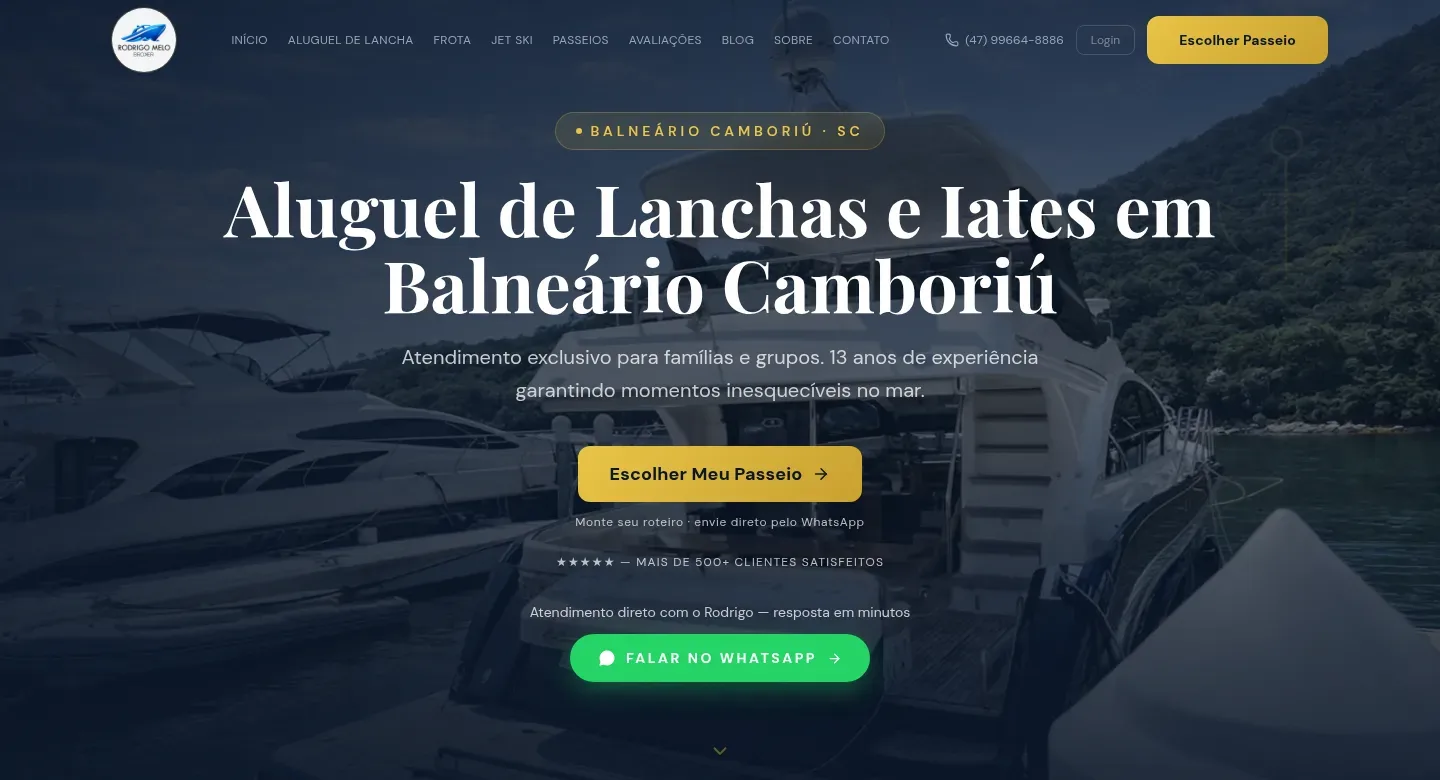 Página inicial do site da Rodrigo Melo Broker, aluguel de lanchas em Balneário Camboriú