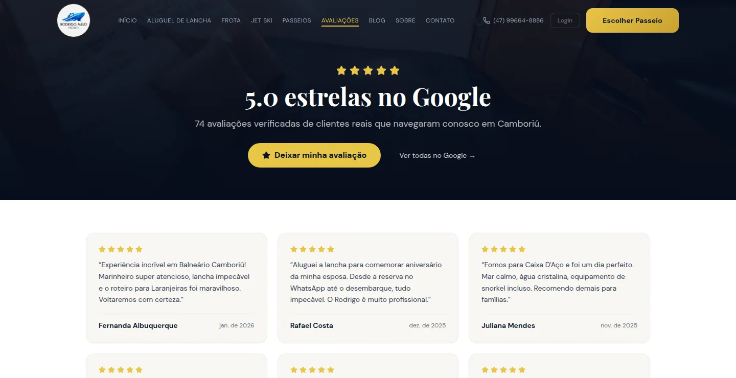 Página Avaliações do site da Rodrigo Melo Broker
